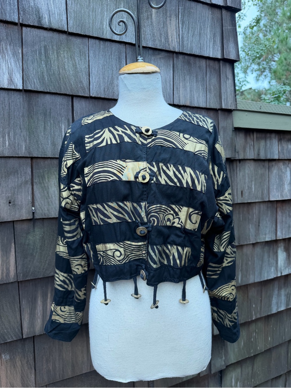 Vintage tribal jacket cropped coins accents black gold Sz S Nativewear Designs